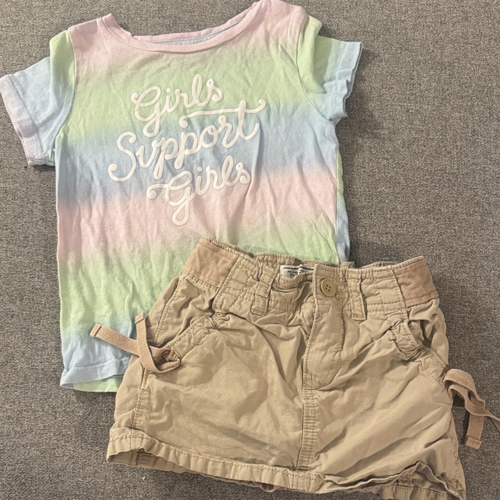 5/$15- Girls Support Girls Pastel Rainbow Tee with Khaki Skort